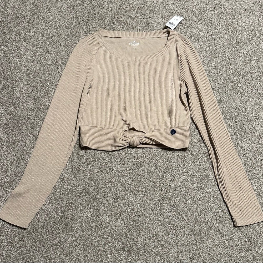 Hollister Beige Long Sleeve Ribbed Knotted Top